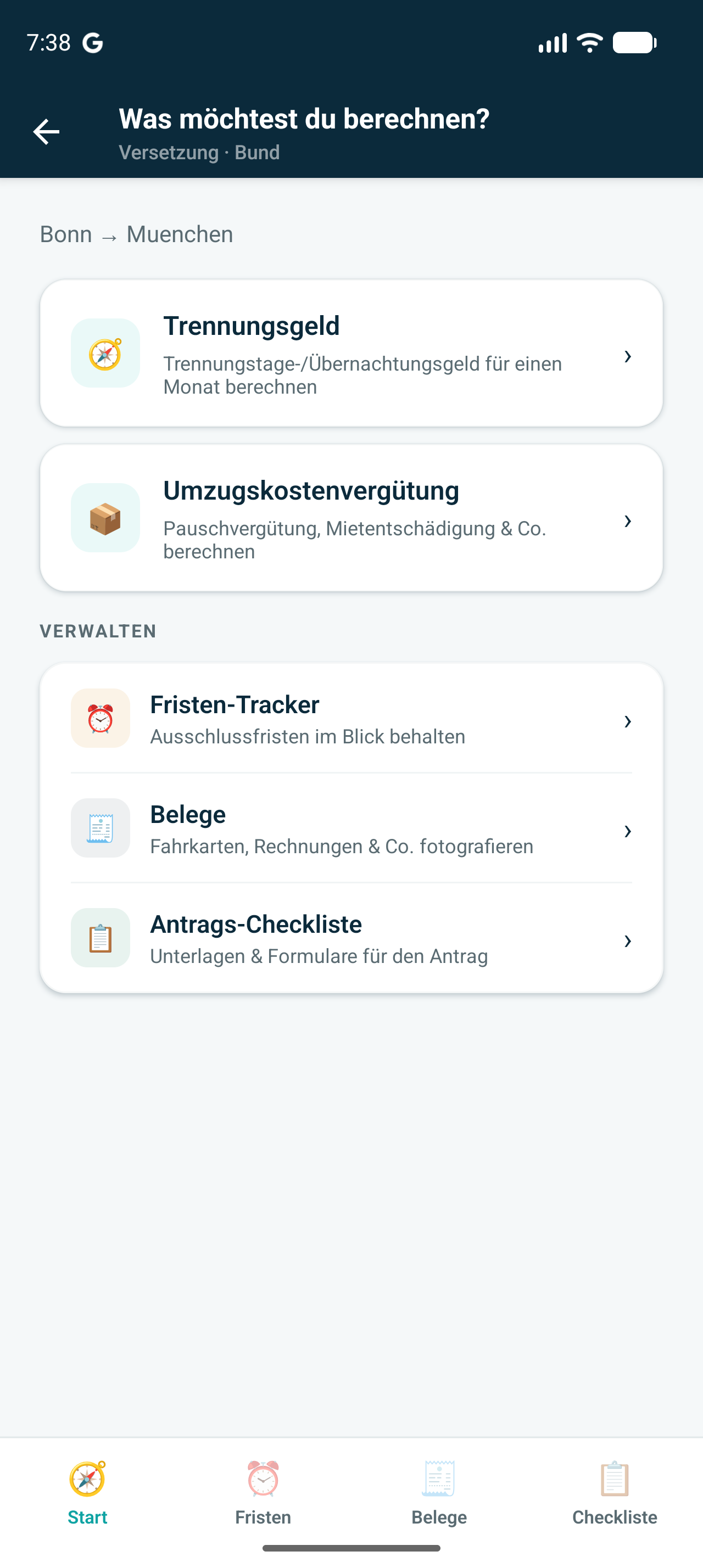Trennungsgeldpilot App: Dashboard mit Maßnahme Bonn → München, Trennungsgeld- und Umzugskostenvergütungs-Rechner, Fristen-Tracker, Belege, Antrags-Checkliste und Footer-Menü